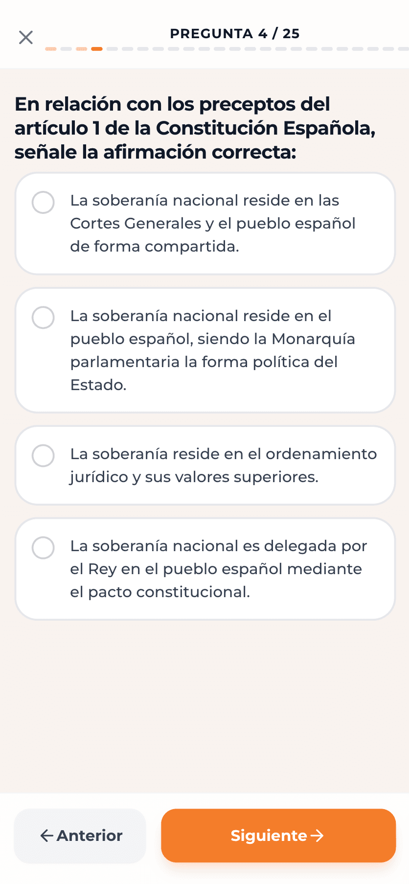 Vista de pregunta tipo test con opciones para estudio enfocado.